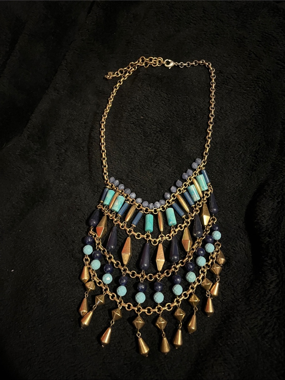 Statement Gold-Tone Bib Necklace with Turquoise and Navy Beads